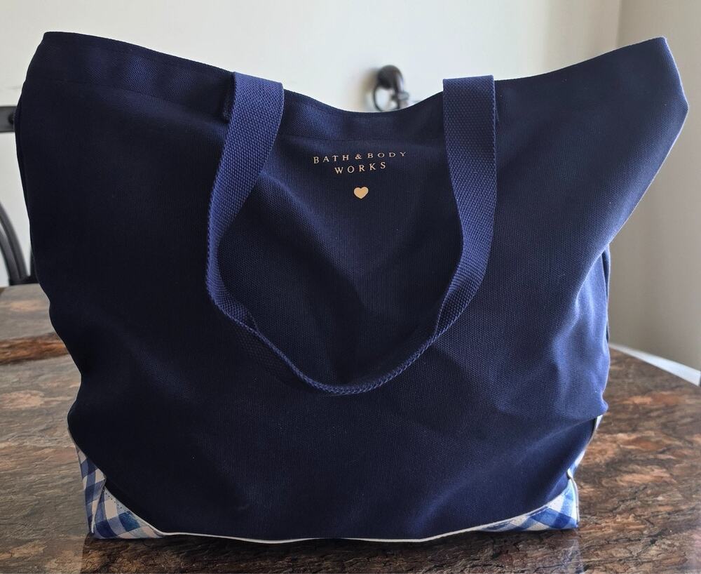 Bath & Body Works Gingham Navy Blue Tote Bag Canvas PVC